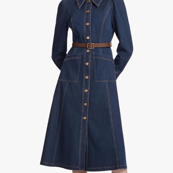 Women's Denim Dress Button Down Lapel Collar Casual Midi Dress with Belt - Picture 11 of 16